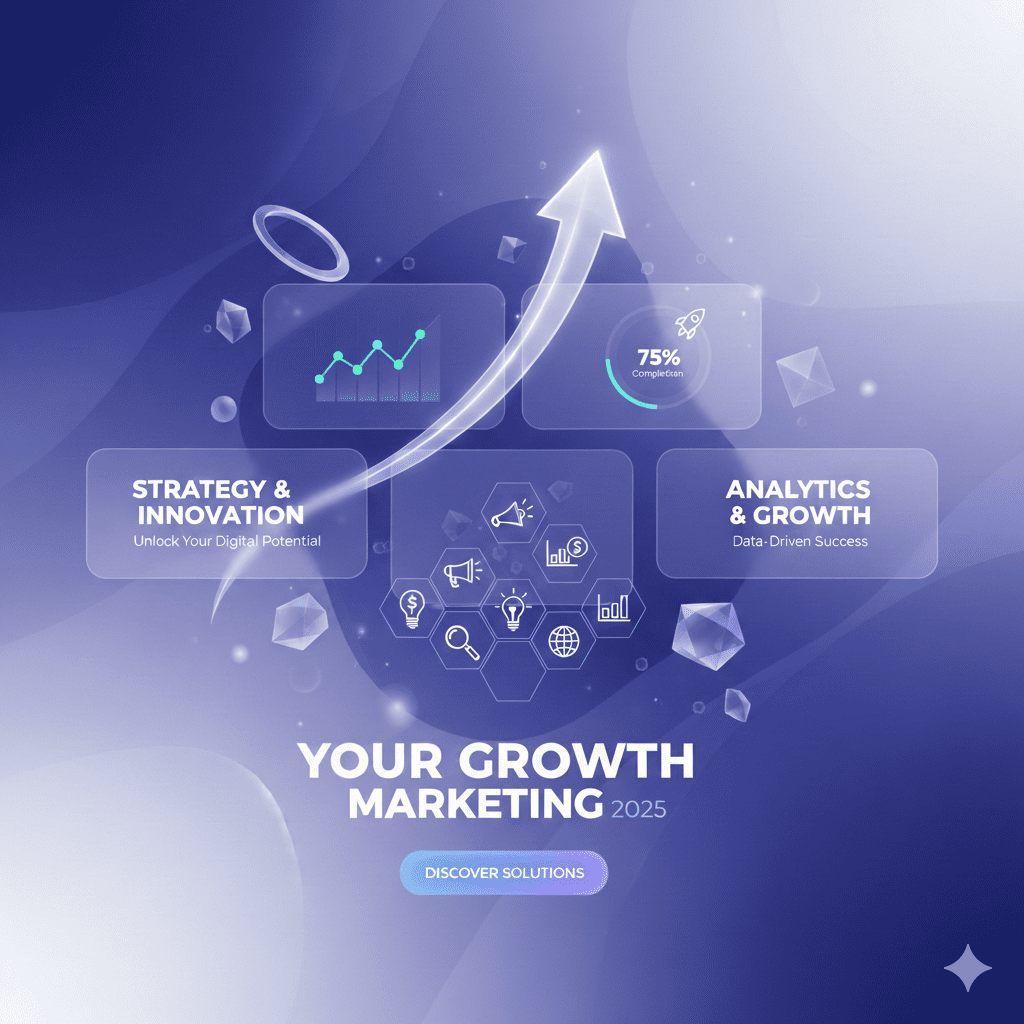 Abstract digital marketing concept hero section for 'Your Growth' agency. Features a dominant upward-sweeping white arrow against a blue and purple gradient background, surrounded by glowing geometric shapes and translucent UI cards showing analytics charts, strategy icons, and a 75% growth completion meter